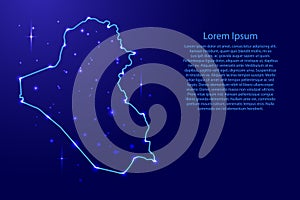 Map Iraq from the contours network blue, luminous space stars for banner, poster, greeting card, of vector illustration