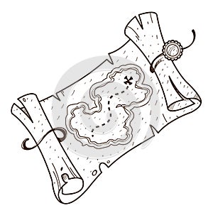 Map of the island with buried treasure. Illustration on the pirate theme