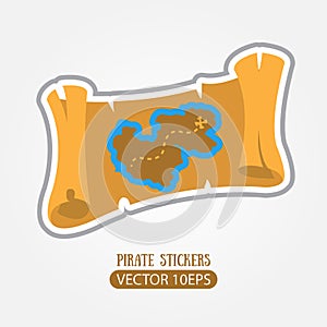 Map of the island with buried treasure. Vector stickers on the pirate theme