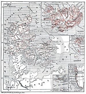 Map of islands of Jutland, Denmark and its colonies, vintage engraving