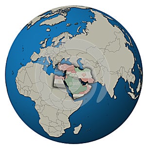 map of Israel territory located in middle east region with country flags over globe map