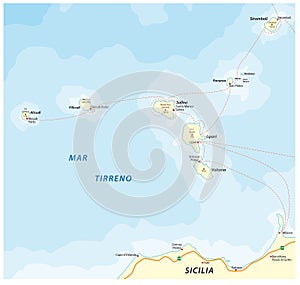 Map of the Italian island group Aeolian Islands in the Tyrrhenian Sea