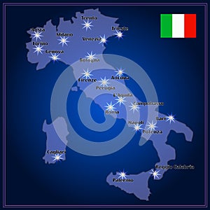 Map of Italy with big cities in night.