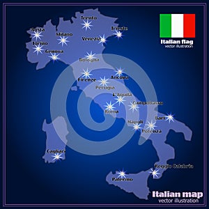 Map of Italy with big cities in night. Vector.