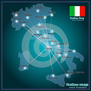 Map of Italy with big cities in night. Vector.