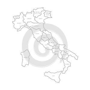 Map of Italy divided into 20 administrative regions. White land, black borders and black labels. Simple flat vector