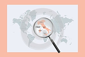 Map of Italy on political world map with magnifying glass