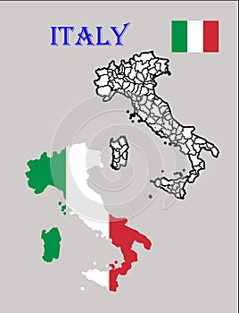 Map of Italy with regions and flag draw and cut out photo