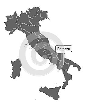 Map of Italy with road sign of Potenza