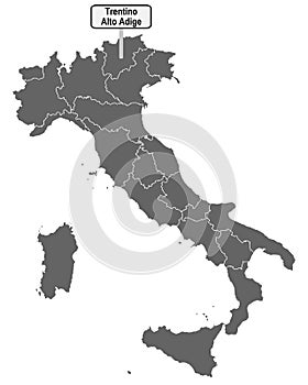 Map of Italy with road sign of Trentino - Alto Adige