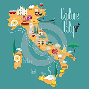 Map of Italy vector illustration, design. Icons with Italian landmarks