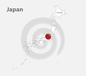 Map of the Japan in the colors of the flag with Current regions and names