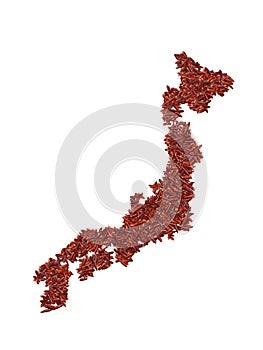 Map of Japan made with red rice grains on a white isolated background. Export, production, supply, agricultural or health concept