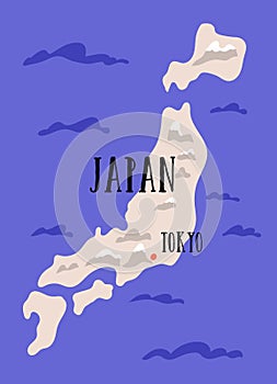 Map of Japan with main Japanese islands Hokkaido, Honshu, Kyushu and Shikoku. Designations of capital city Tokyo