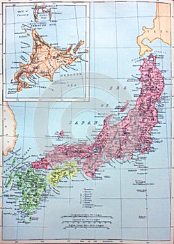 Map of Japan in the old book The Encyclopaedia Britannica, vol. 8, by C. Blake, 1880, Edinburgh
