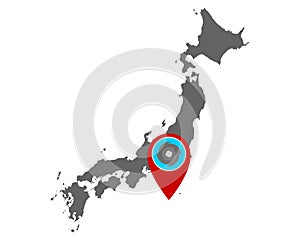 Map of Japan and pin with hurricane warning