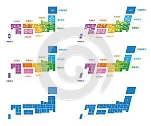 Map of Japan, regional division with colors