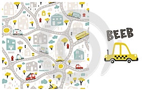 Map of kids city with roads and transport. Vector seamless pattern and illustration with taxi car in the set. Cartoon illustration