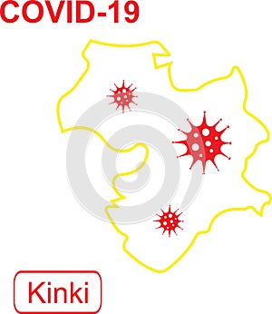 Map of Kinki labeled COVID-19. Yellow outline map on a white background.
