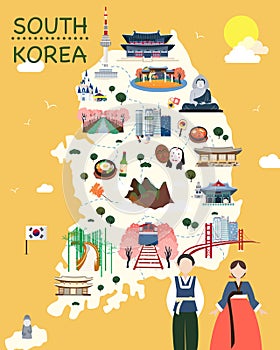 Map Of Korea Attractions Vector And Illustration.