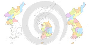 Map of Korea, North and South Korea divided to administrative divisions, blank raster coloring book