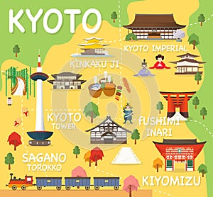 Map Of Kyoto Attractions Vector And Illustration.