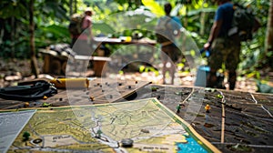 A map laid out on a makeshift table depicts the various trails and landmarks of the rainforest. In the background a