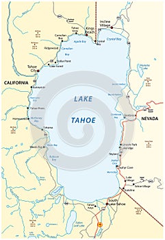 Map of Lake Tahoe, located between the US states of California and Nevada