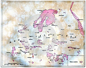 Map of land emerged in Europe at the time of the Silurian sea, vintage engraving photo