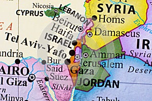 Map of Lebanon, Israel, Tel-Aviv-Yafo, Gaza, and Jordan photo