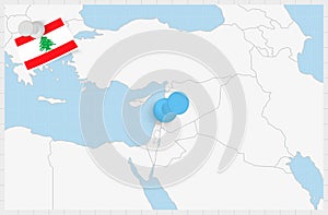 Map of Lebanon with a pinned blue pin. Pinned flag of Lebanon