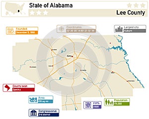 Map of Lee County in Alabama USA