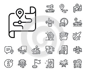 Map line icon. Road trip sign. Plane, supply chain and place location. Vector