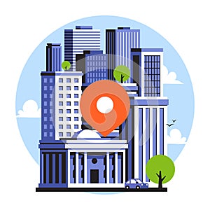 Map location pin on background of city landscape of downtown