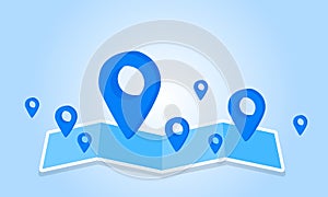 Map and location pin or navigation icon sign on blue background with search concept.