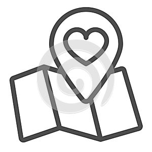 Map and location pin pointer with heart line icon, dating concept, love navigation vector sign on white background