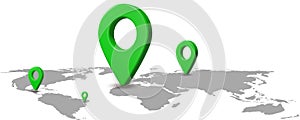 Map location pinpointer on world map. 3D render