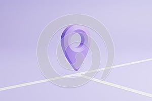 Map location point marker of map or navigation pin icon sign at a fork in the road or crossroads on a purple background. 3d