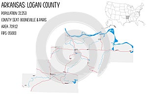 Map of Logan County in Arkansas, USA.