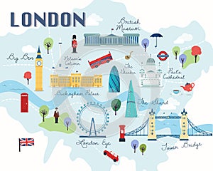 Map Of London Attractions Vector And Illustration.