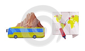 Map and Long Bus with Mountain as Travel and Tourism Vector Set