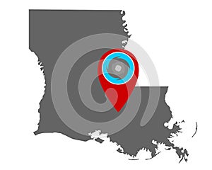 Map of Louisiana and pin with hurricane warning