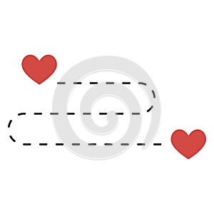 Map of love. Heart icons with path. Romantic pin of cartography. Navigation of love. Isolated icon. Vector EPS 10
