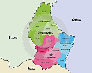 Map of Luxembourg cantons colored by districts, with neighbouring countries