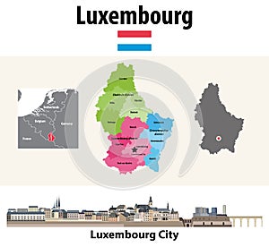 Map of Luxemourg regions colored by distrcits. Luxembourg City cityscape. Vector