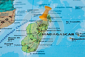 Map of Madagascar with a orange pushpin stuck