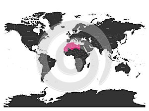 Map of Maghreb countries - Northwest Africa states pink highlighted in World map. Vector illustration