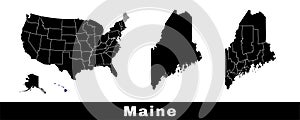 Map of Maine state, USA. Set of Maine maps with outline border, counties and US states map. Black and white color