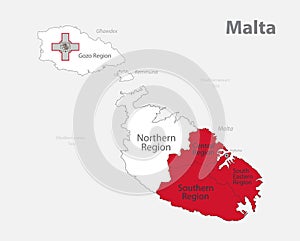 Map of the Malta in the colors of the flag with Current regions and names