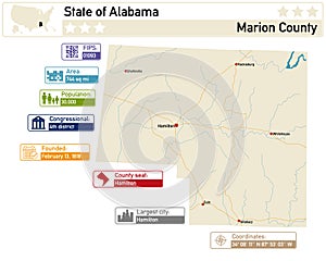 Map of Marion County in Alabama USA.